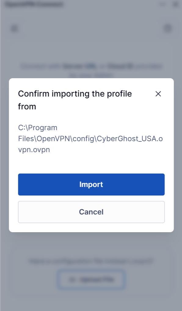 Page d'importation de fichier serveur .ovpn dans OpenVPN Connect sous Windows.