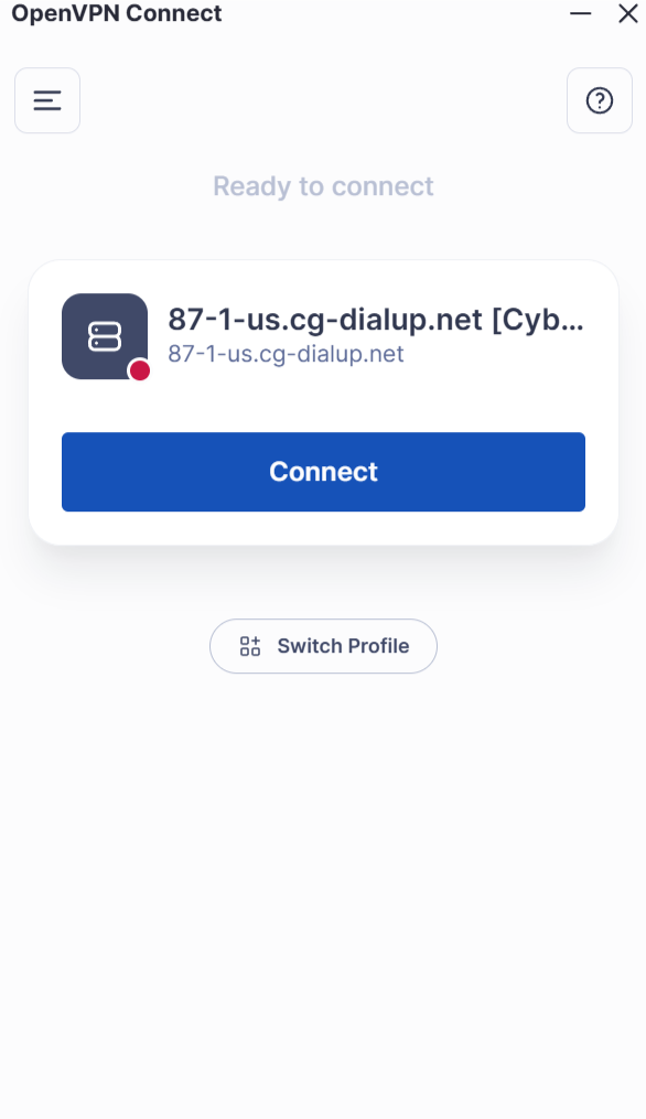 Page de connexion à un serveur sur OpenVPN Connect sous Windows.