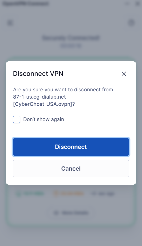 Invite de déconnexion à un serveur sur OpenVPN Connect sous Windows.