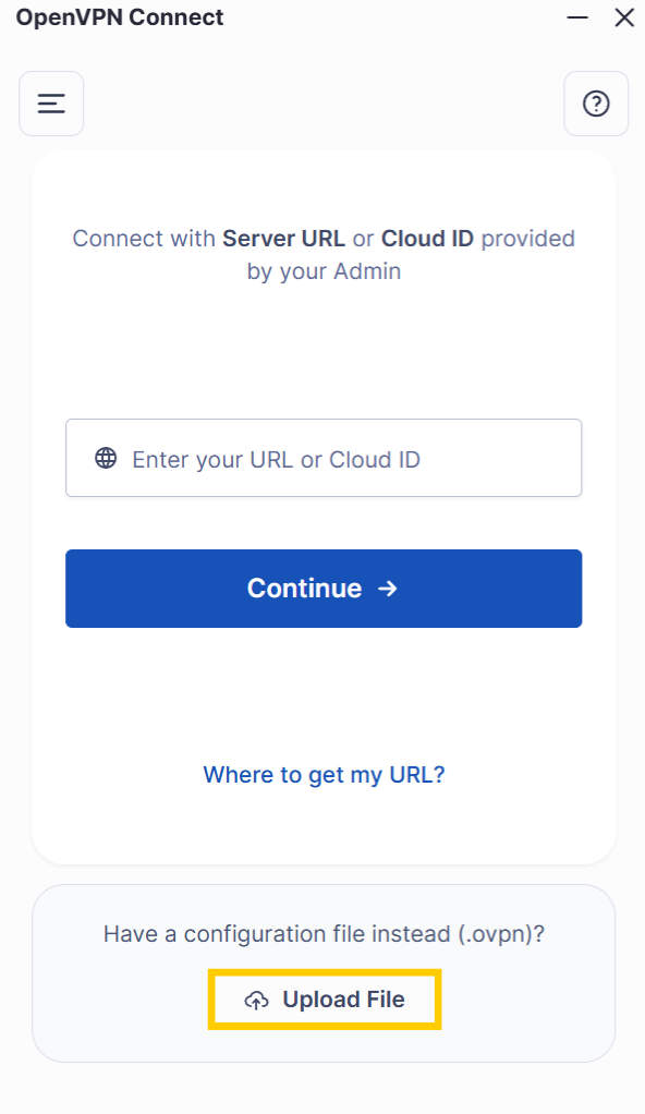 Page de création de profil de serveur OpenVPN Connect sous Windows. Le bouton Télécharger un fichier est mis en évidence.