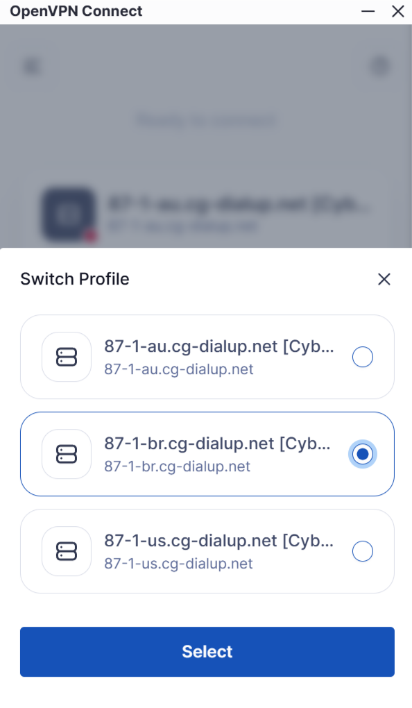 Page de changement de profil OpenVPN Connect sous Windows.