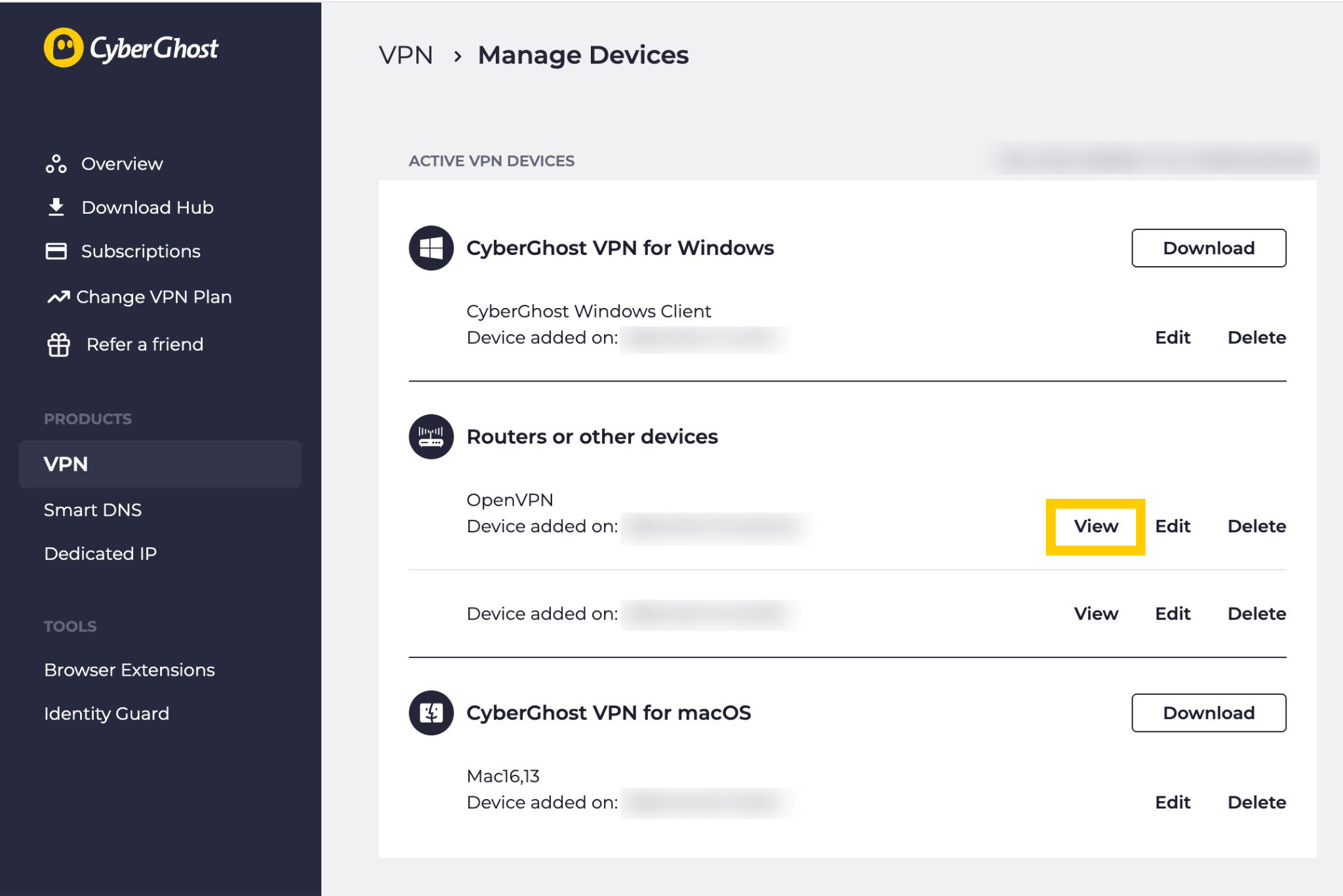 Der Tab „Geräte verwalten“ im Dashboard von CyberGhost VPN, mit der hervorgehobenen Schaltfläche „Anzeigen“ neben einer der Konfigurationen.