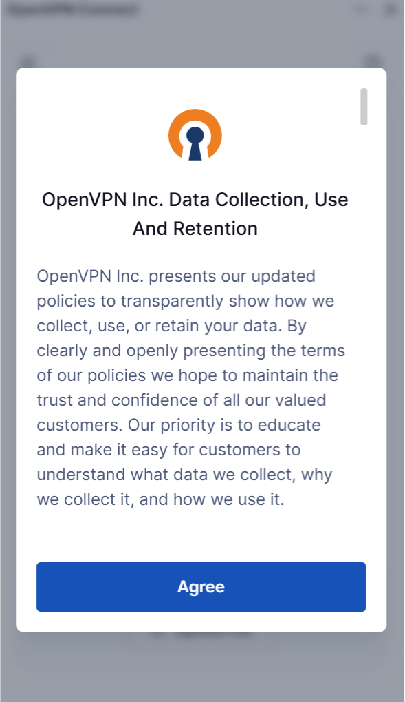 Seite mit der Vereinbarung zu den Datenschutzbestimmungen von OpenVPN Connect unter Windows.