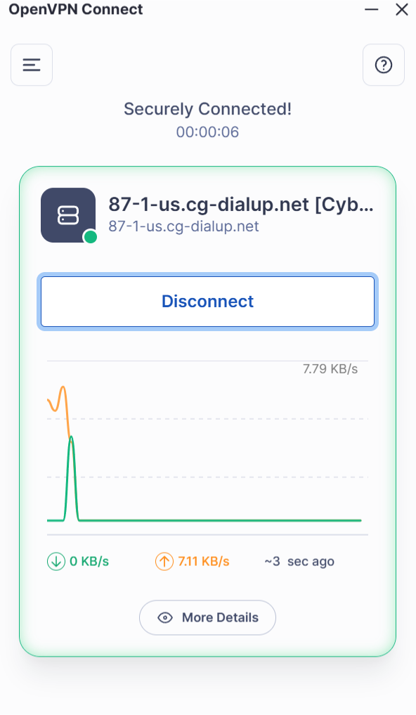 Die Seite mit den aktiven Verbindungen von OpenVPN Connect unter Windows.