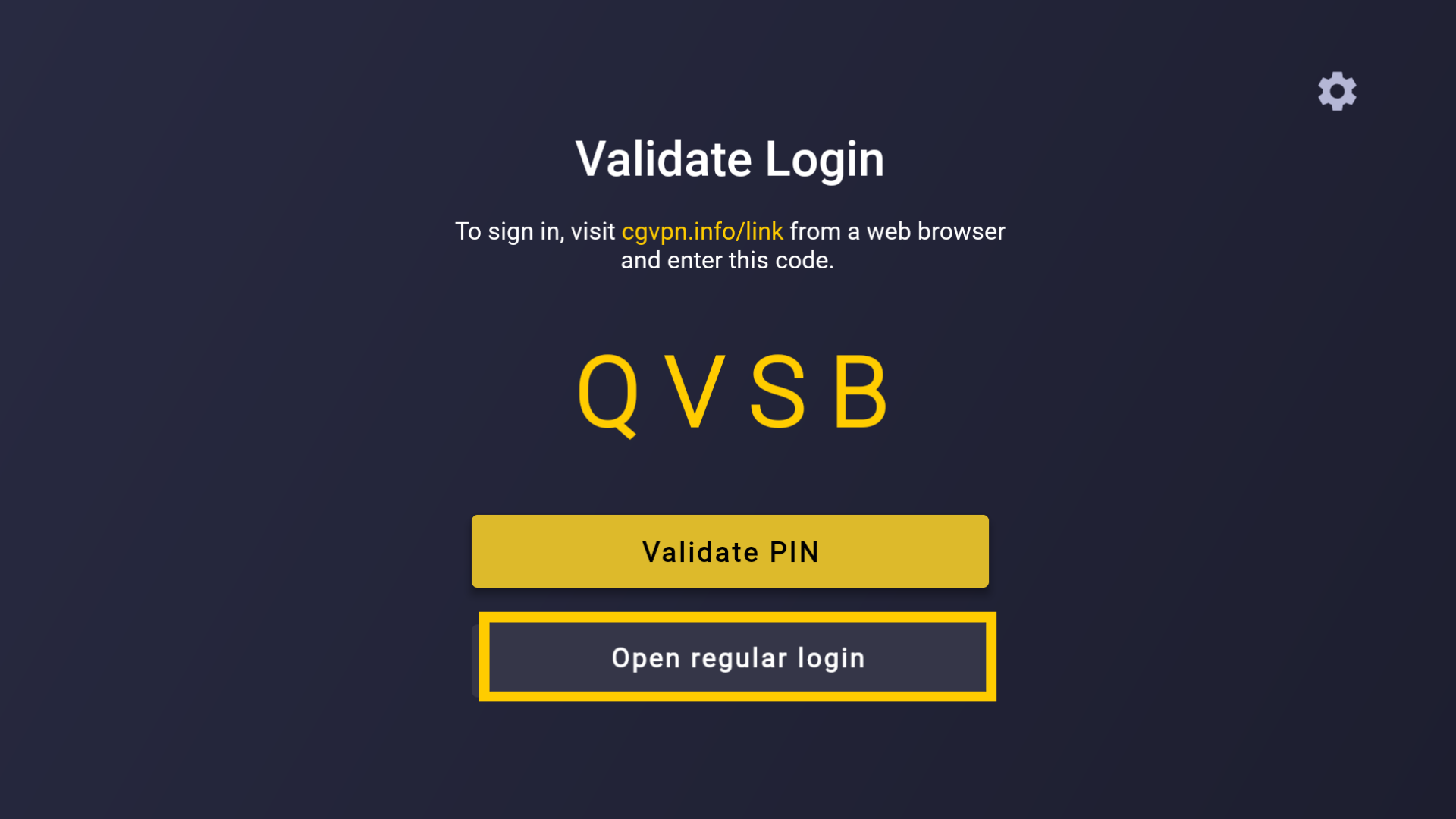 The "Validate Login" screen in the CyberGhost VPN app on a Fire Stick/Fire TV, with a highlighted "Open regular login" button.