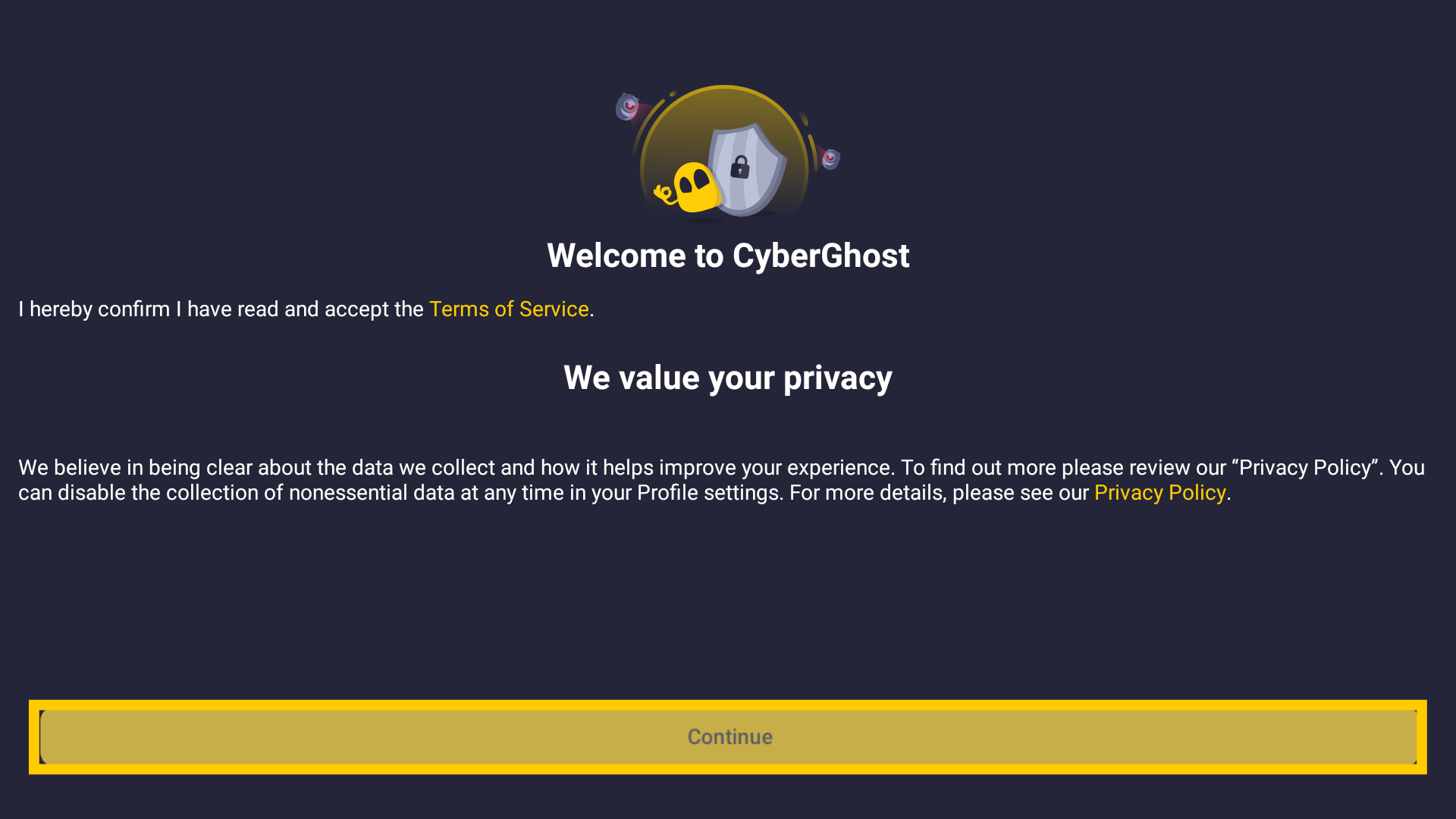 The CyberGhost VPN welcome screen on Fire Stick/Fire TV, with a highlighted "Continue" button.