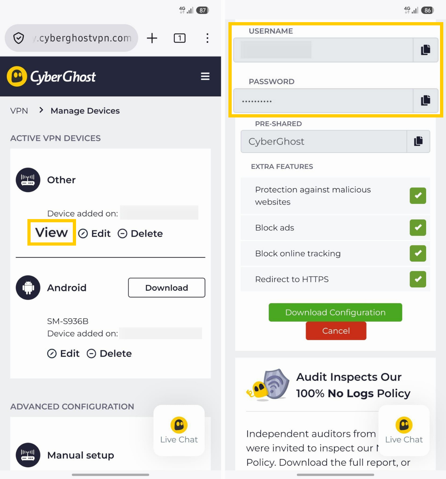 Affichage des appareils CyberGhost VPN et des clients OpenVPN.