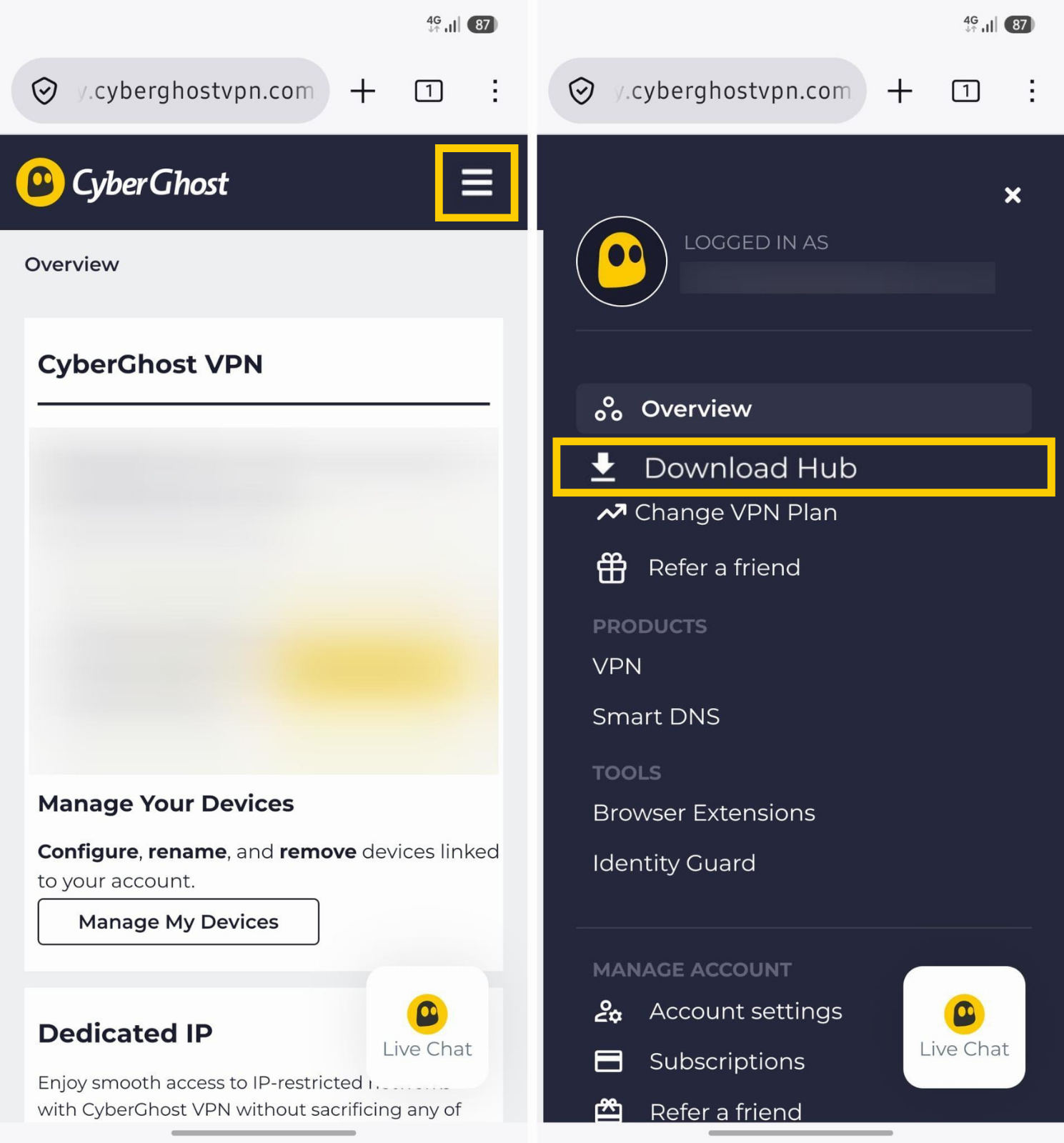 Tableau de bord du navigateur CyberGhost VPN avec l'onglet Centre de téléchargement.