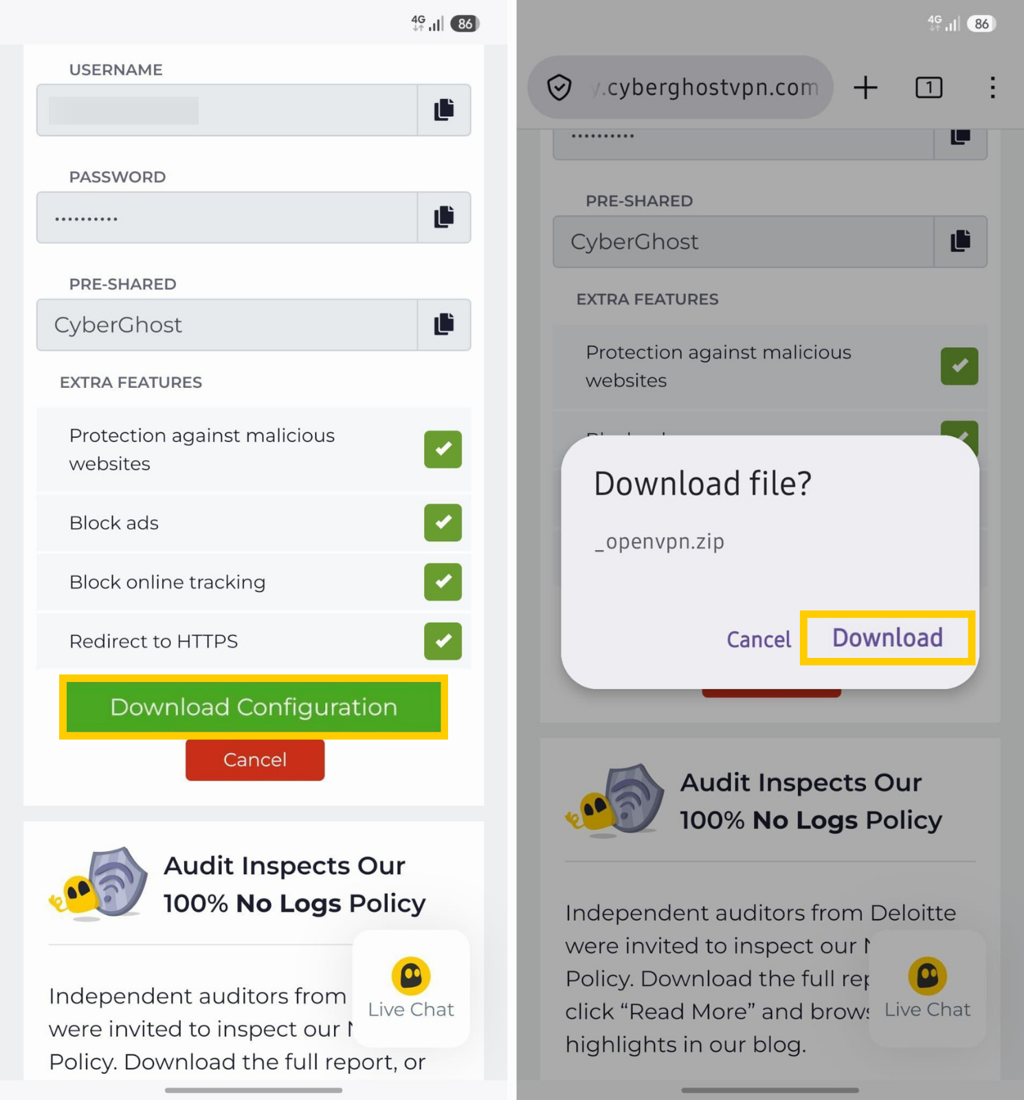 Enregistrer un nouveau profil client OpenVPN depuis un compte CyberGhost VPN.