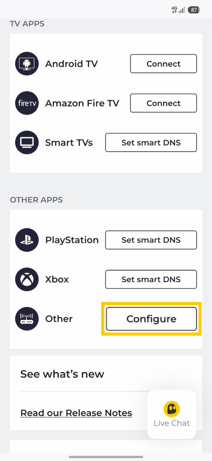 Verfügbare Geräte, die für CyberGhost VPN konfiguriert werden können, einschließlich einer Option für benutzerdefinierte OpenVPN-Server.