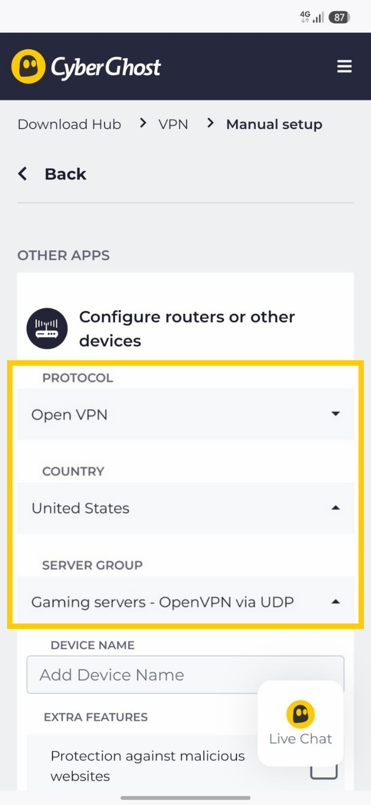 Konfigurationsoptionen für den OpenVPN-Server, einschließlich Einstellungen für Protokoll, Standort und Servertyp.