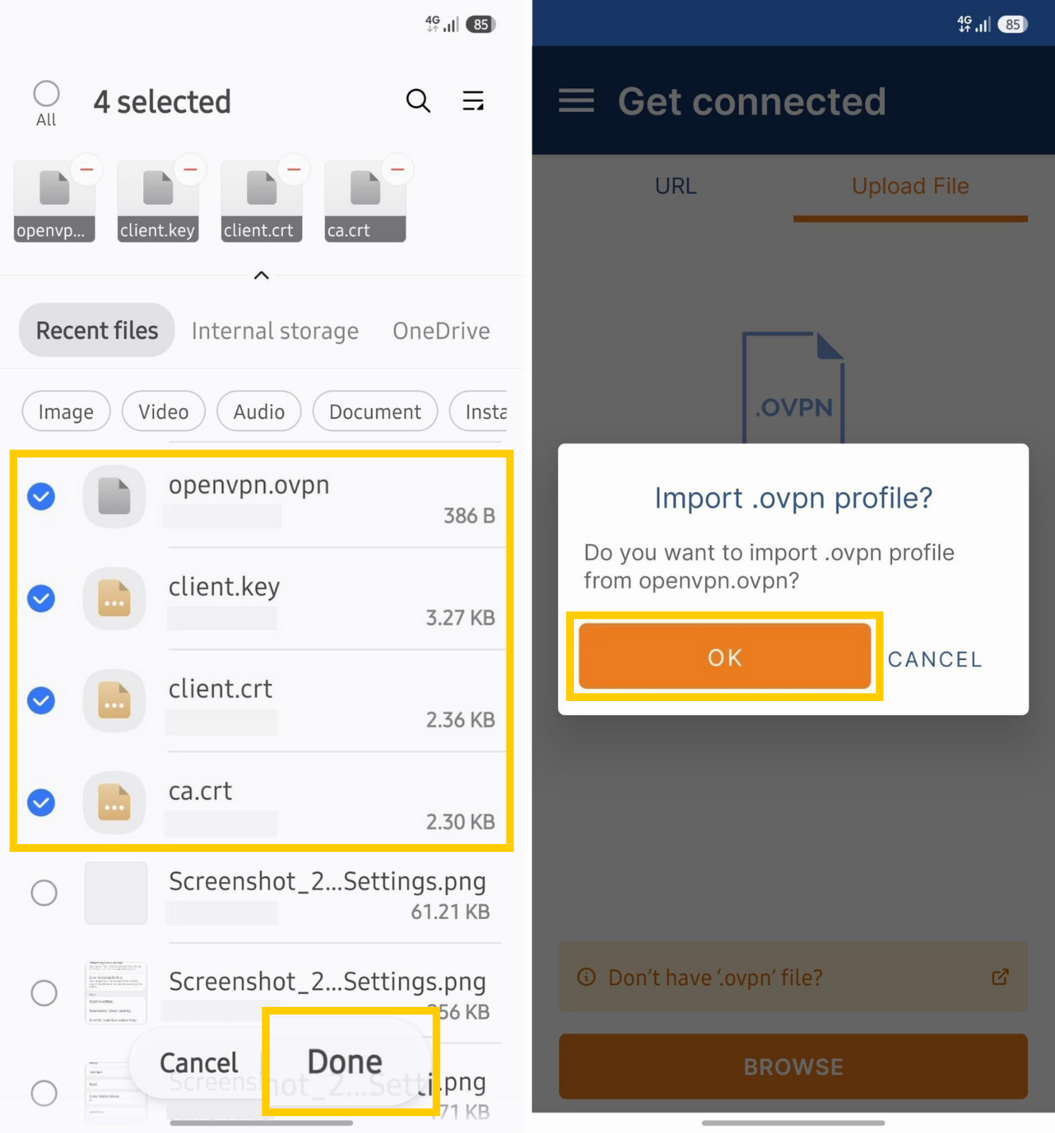 Ausgewählte ovpn-, key- und crt-Dateien für ein neues OpenVPN-Profil.