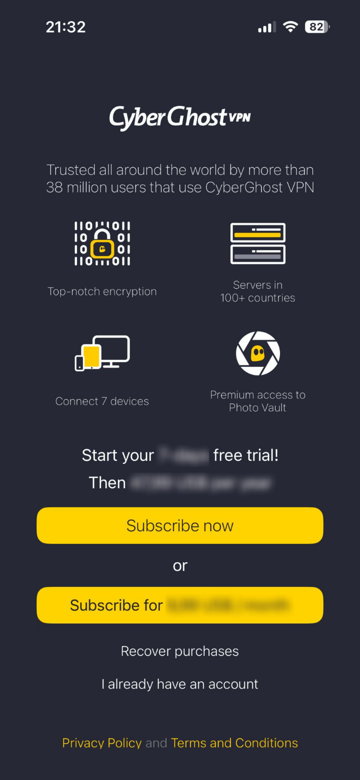 Die Abonnementoptionen von CyberGhost für iOS.