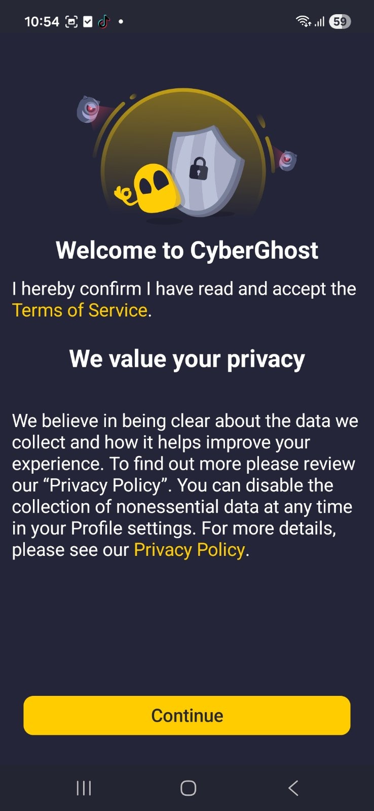 Der Begrüßungsbildschirm von CyberGhost auf Android.