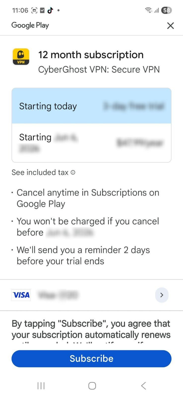 Das Zahlungs-Popup von Google Play für ein CyberGhost-Abonnement.
