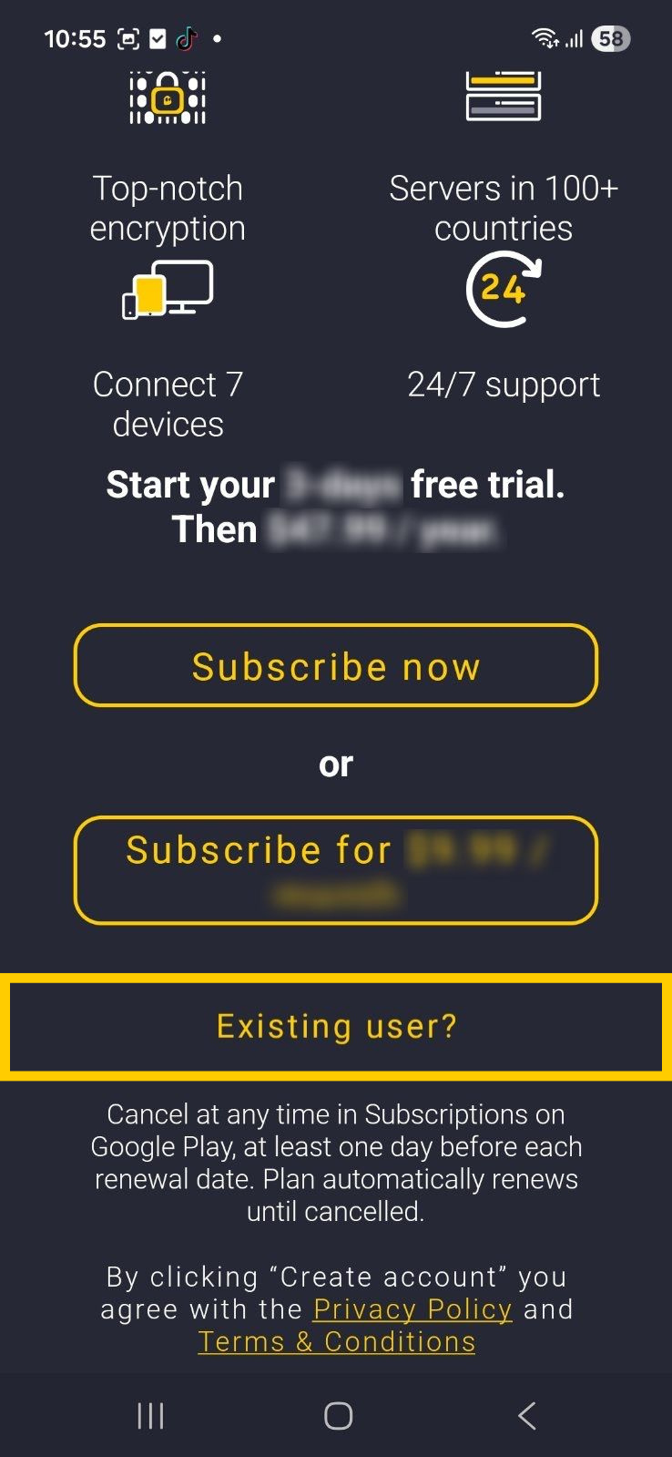 Die Option „Bestehender Benutzer?“, die auf der Abonnementseite in der CyberGhost-App für Android-Geräte hervorgehoben ist.