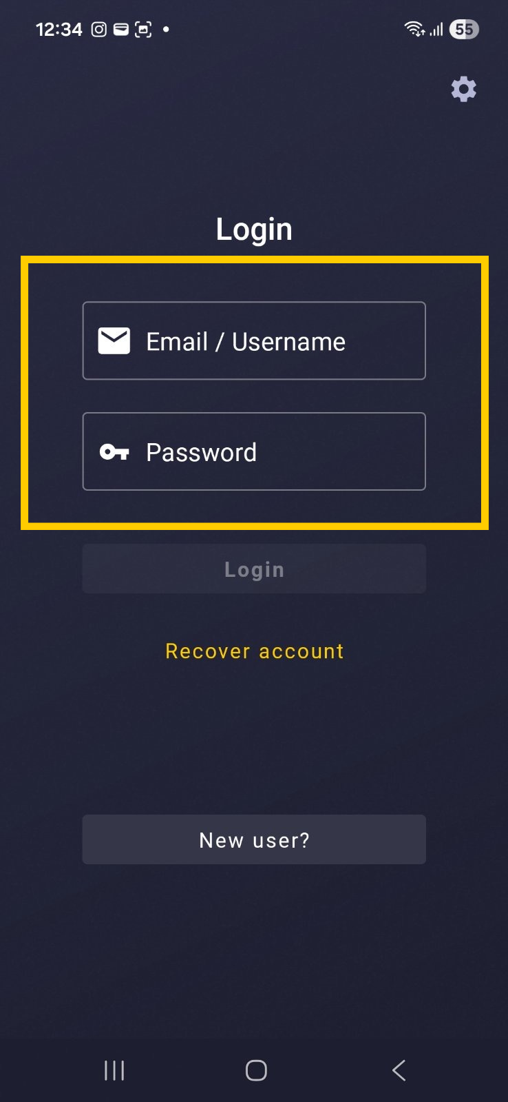 Die Anmeldeseite in der CyberGhost-App für Android-Geräte, auf der die Felder „E-Mail/Benutzername“ und „Passwort“ hervorgehoben sind.