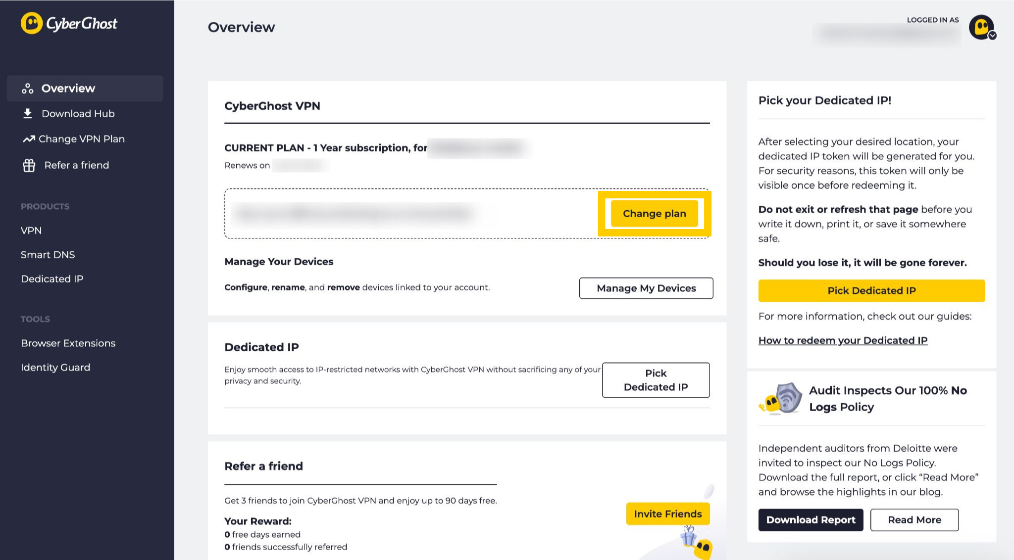 Der Tab „Übersicht“ von CyberGhost mit der hervorgehobenen Schaltfläche „Tarif ändern“.