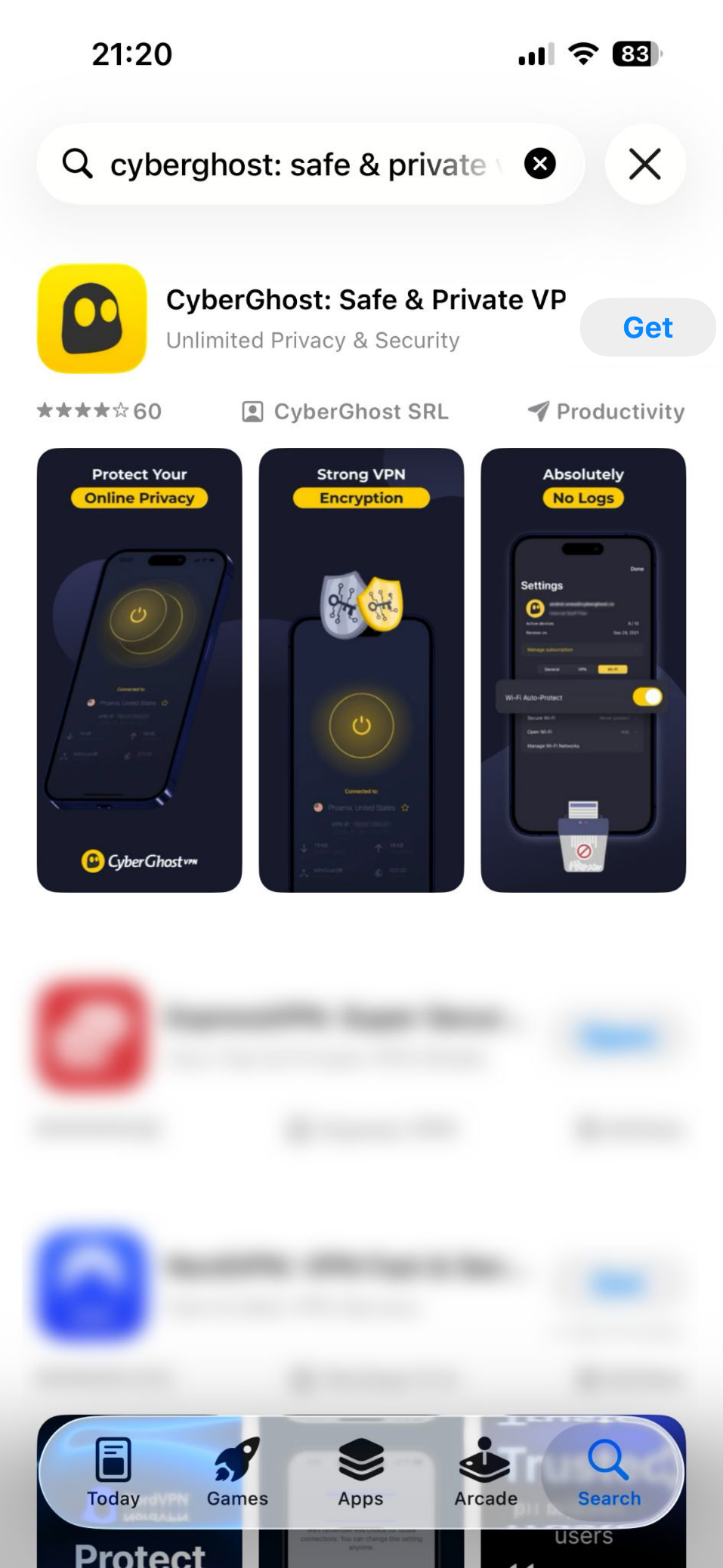 Die App von CyberGhost im App Store auf einem iPhone. 