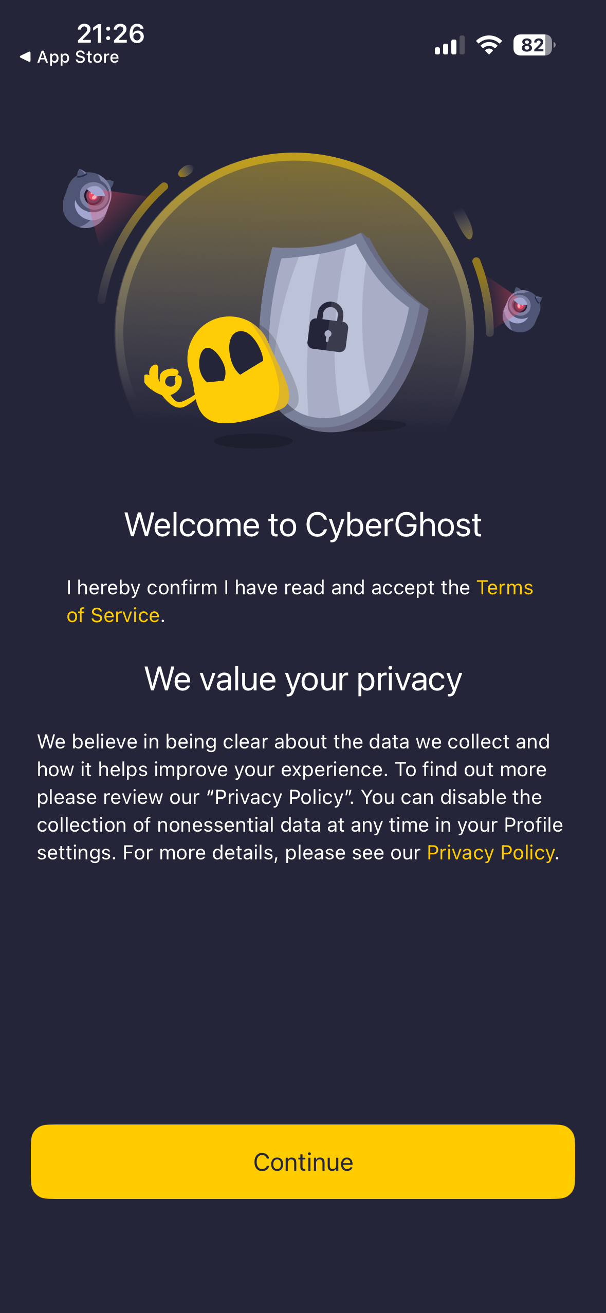 Der Begrüßungsbildschirm von CyberGhost auf iOS.
