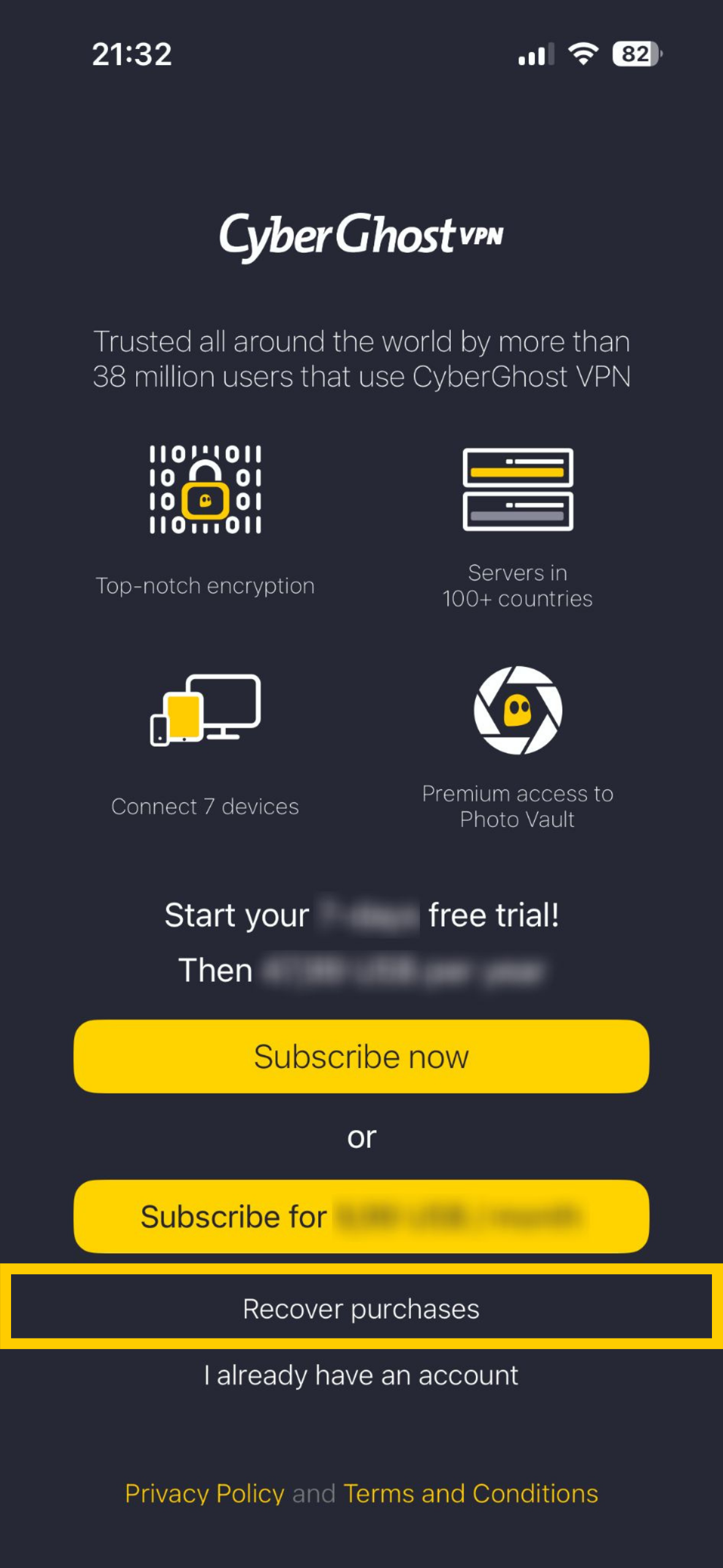 Die Option „Käufe wiederherstellen“ auf der Abonnementseite in der CyberGhost-App für iOS-Geräte.