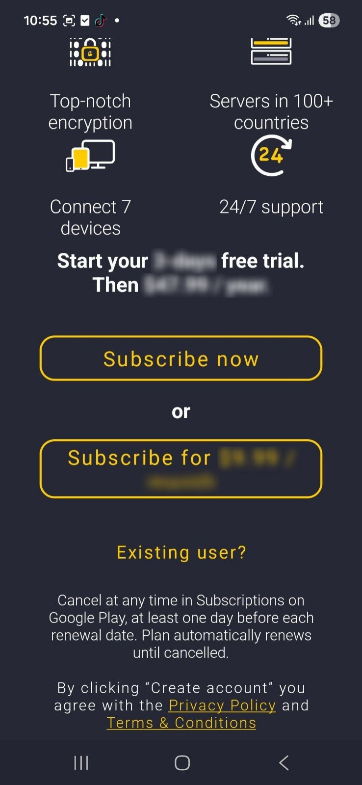 Die Abonnementseite von CyberGhost auf Android.