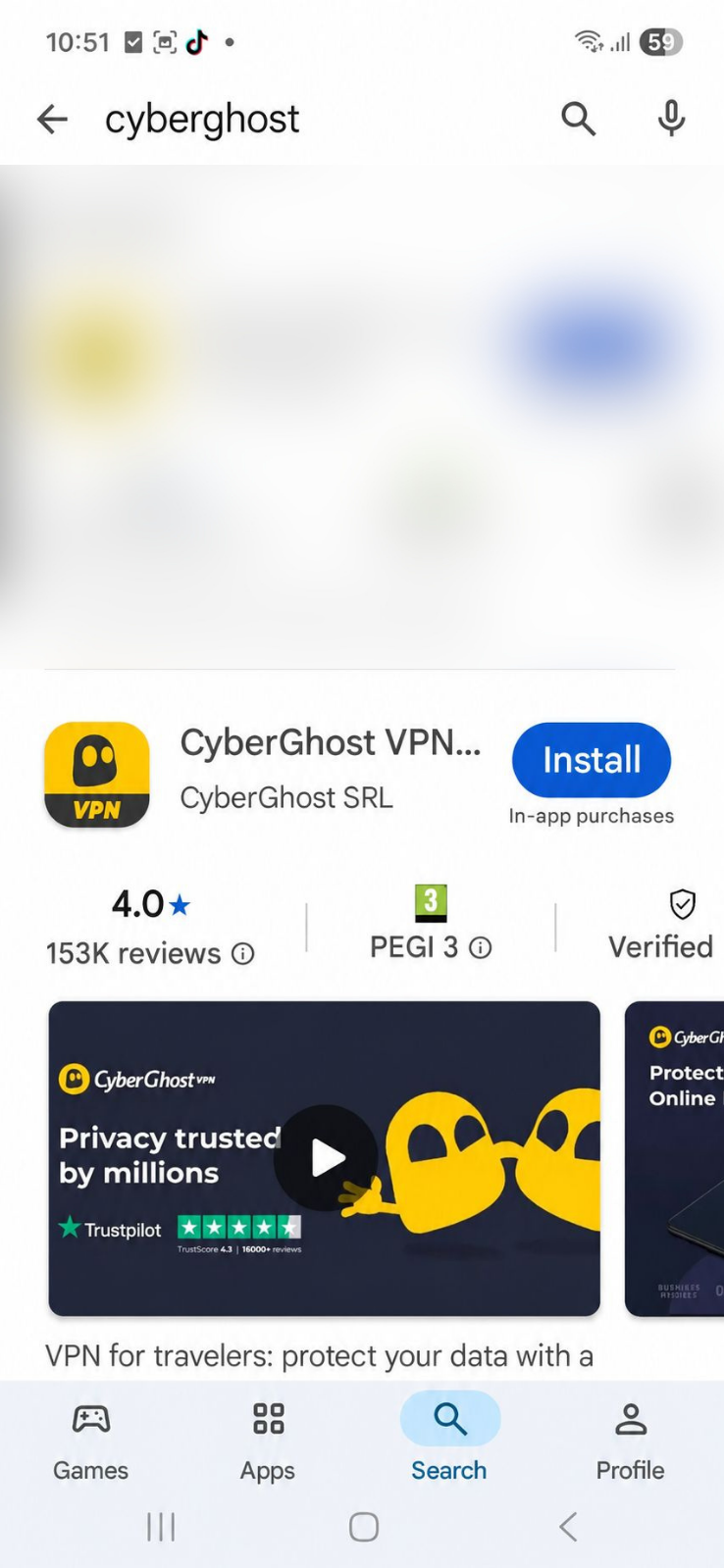 L'appli CyberGhost sur Google Play pour Android.