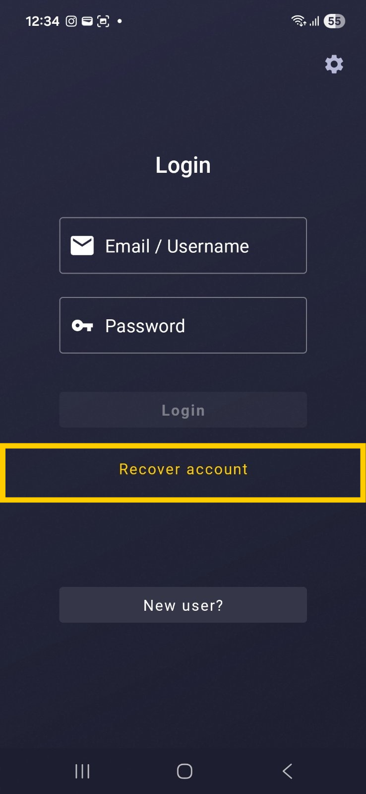 Page de connexion de l'application CyberGhost pour appareils Android, mettant en évidence l'option Restaurer.
