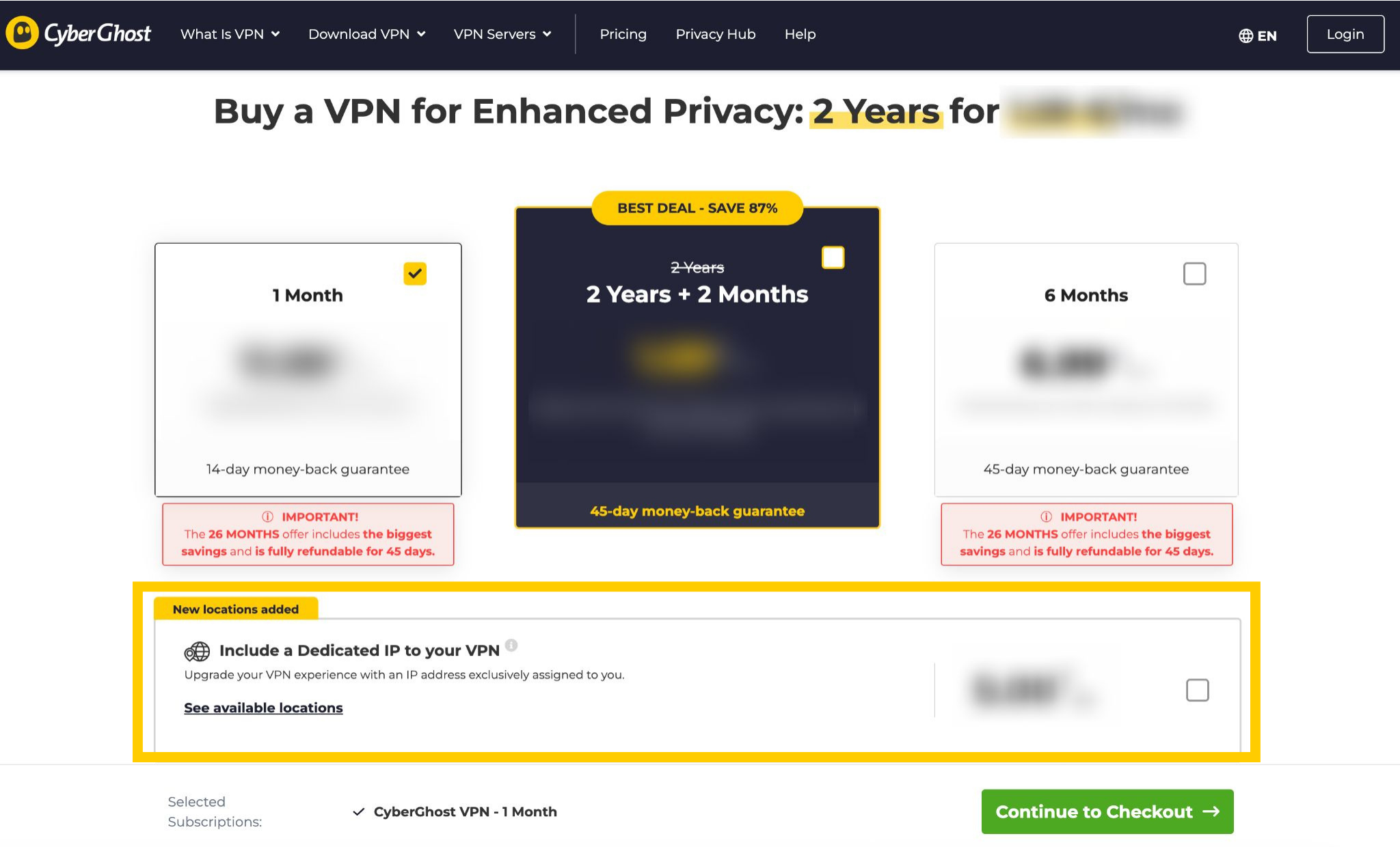 L'option d'adresse IP dédiée de CyberGhost mise en avant sur la page des tarifs.