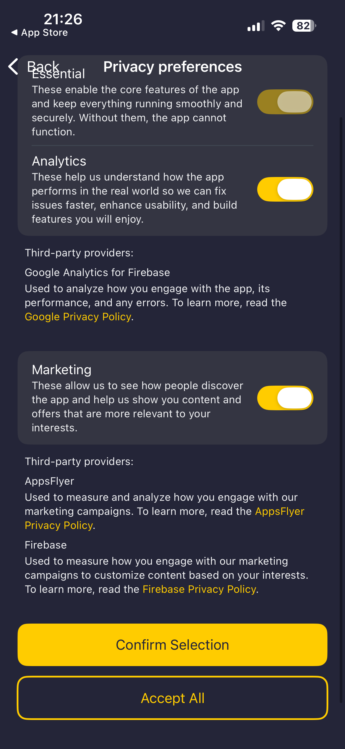 Écran des préférences en matière de vie privée de CyberGhost sur iOS.