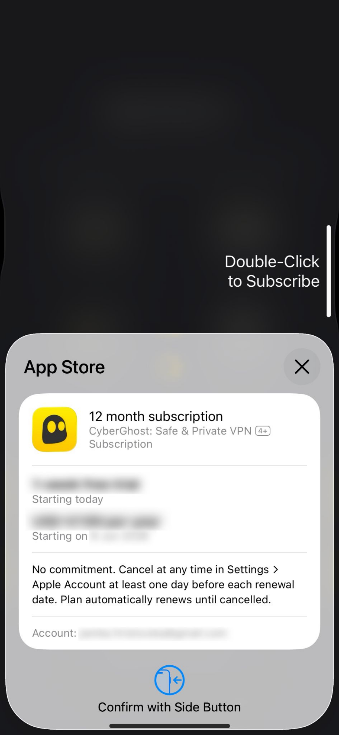 La fenêtre contextuelle de paiement de l'App Store pour un abonnement CyberGhost.