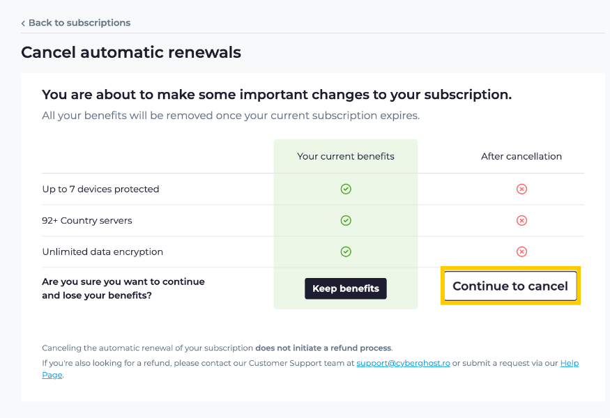 Page d'annulation du renouvellement automatique de CyberGhost, avec l'option Continuer la résiliation mise en évidence.