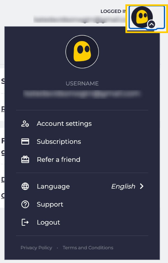 Menu du compte CyberGhost, avec l'icône de profil en évidence.