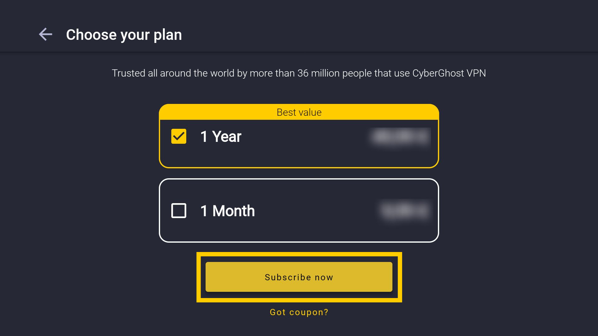 Die Abonnementseite in der App von CyberGhost VPN auf dem Amazon Fire Stick/Fire TV mit der hervorgehobenen Schaltfläche „Jetzt abonnieren“.