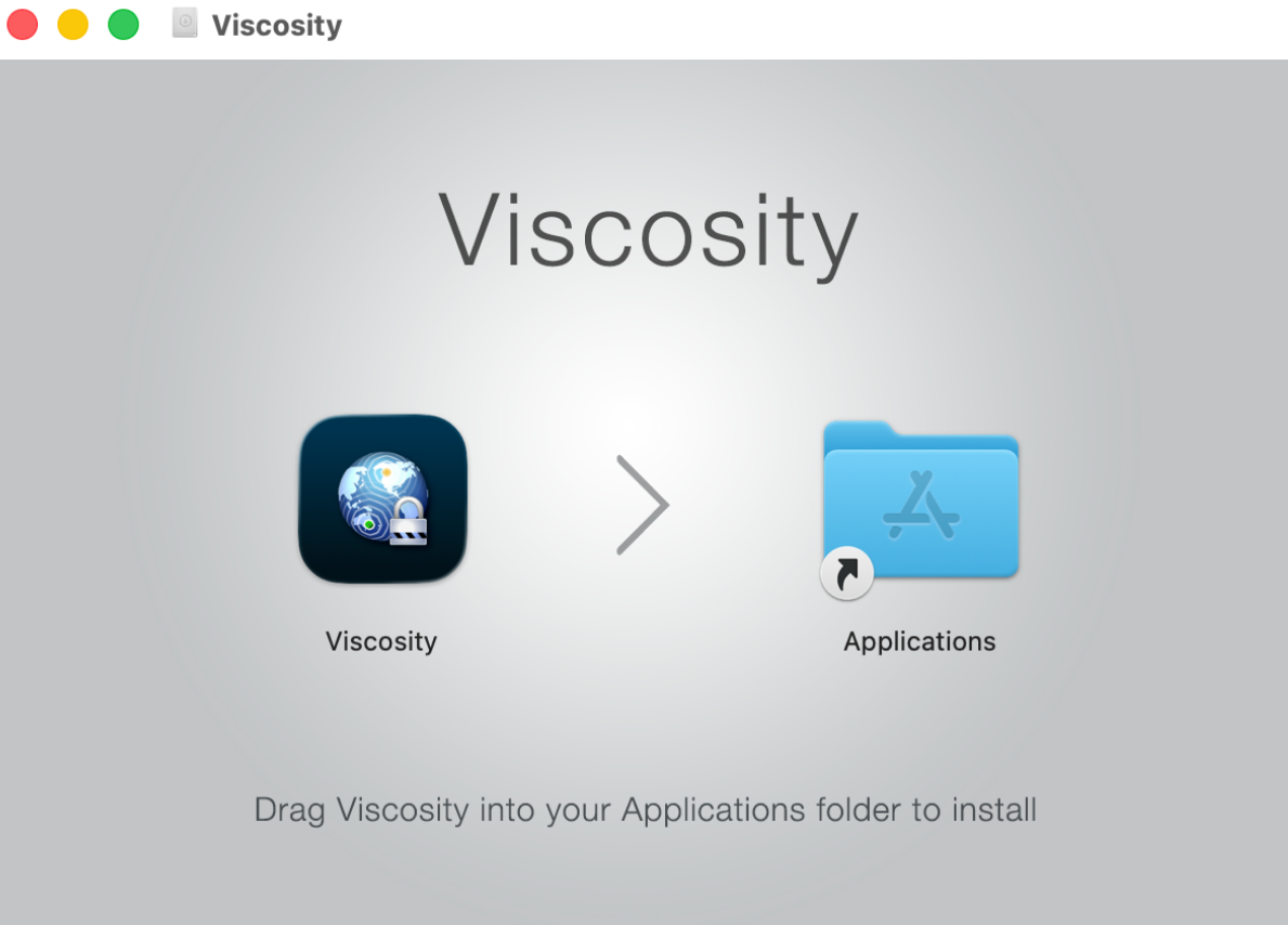 Fenêtre d'installation de Viscosity vous invitant à faire glisser l'application dans le dossier Applications.