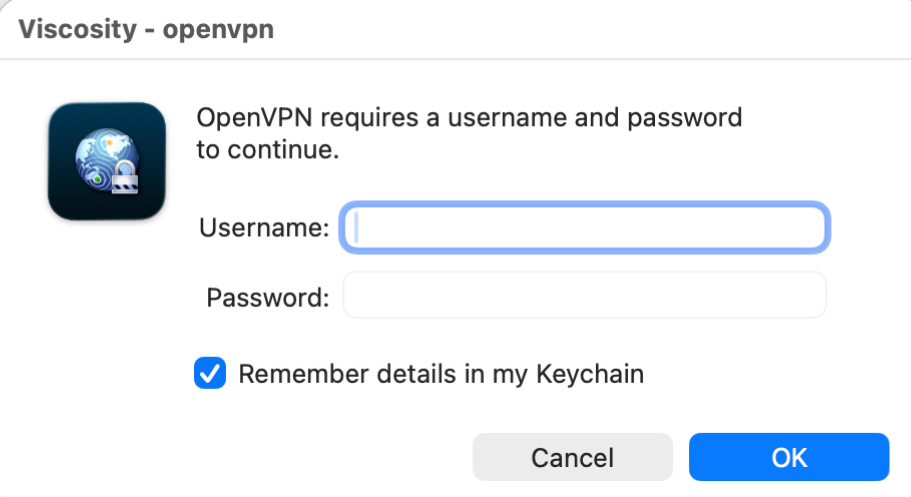 Viscosity-Eingabeaufforderung, in der eine Anfrage zum OpenVPN-Benutzernamen und zum Passwort gestellt wird.