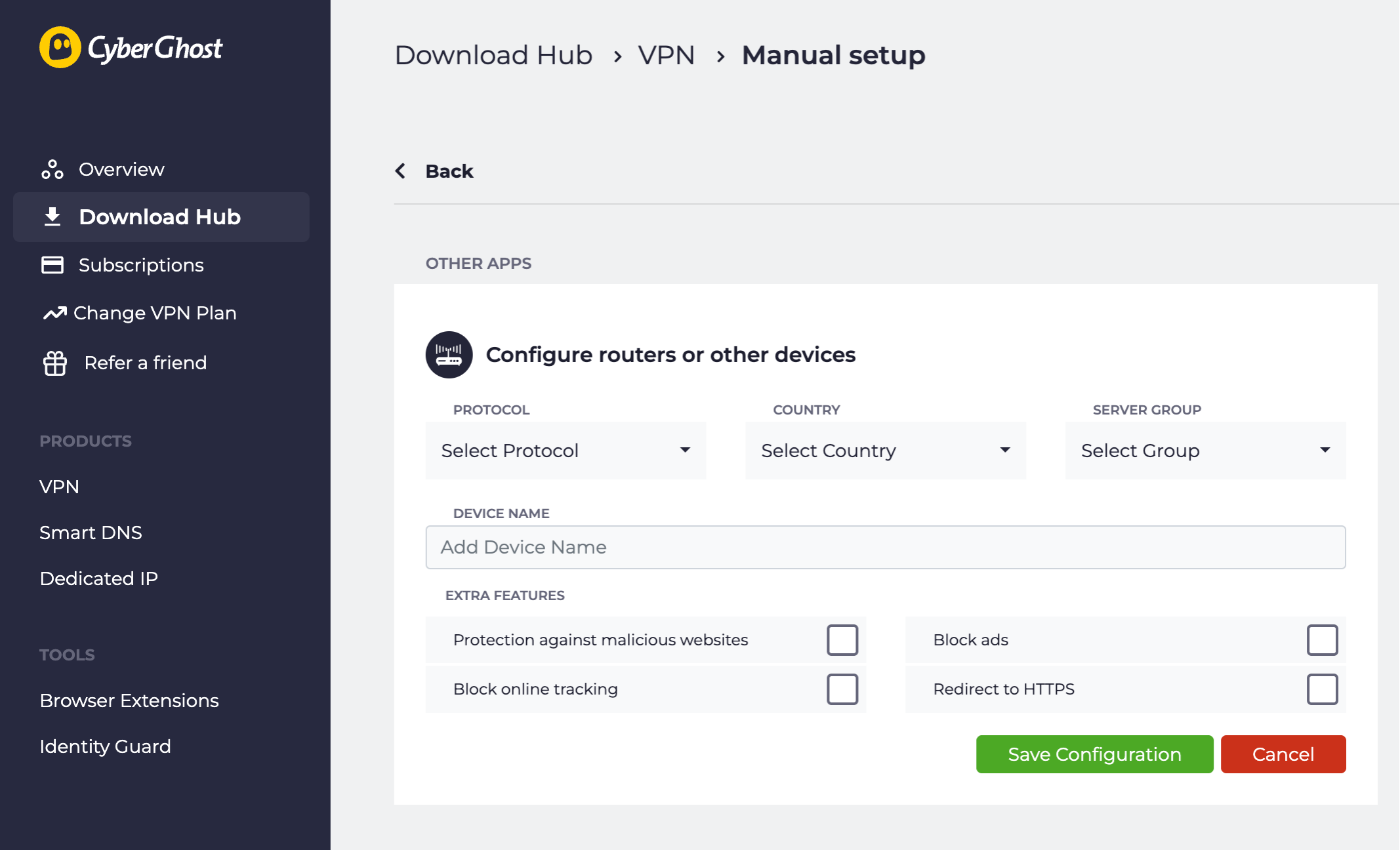 Seite zur manuellen Einrichtung von CyberGhost VPN zur Erstellung einer neuen OpenVPN-Konfiguration.