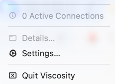 Das Menü „Viscosity“ mit der Option „Einstellungen“.