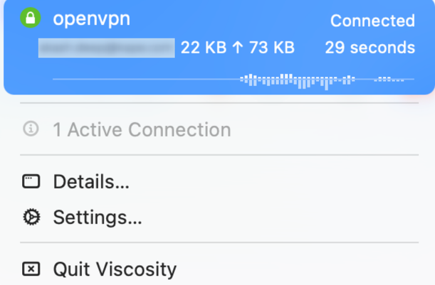 Viscosity-Verbindungsmenü, das eine aktive OpenVPN-Verbindung anzeigt. 