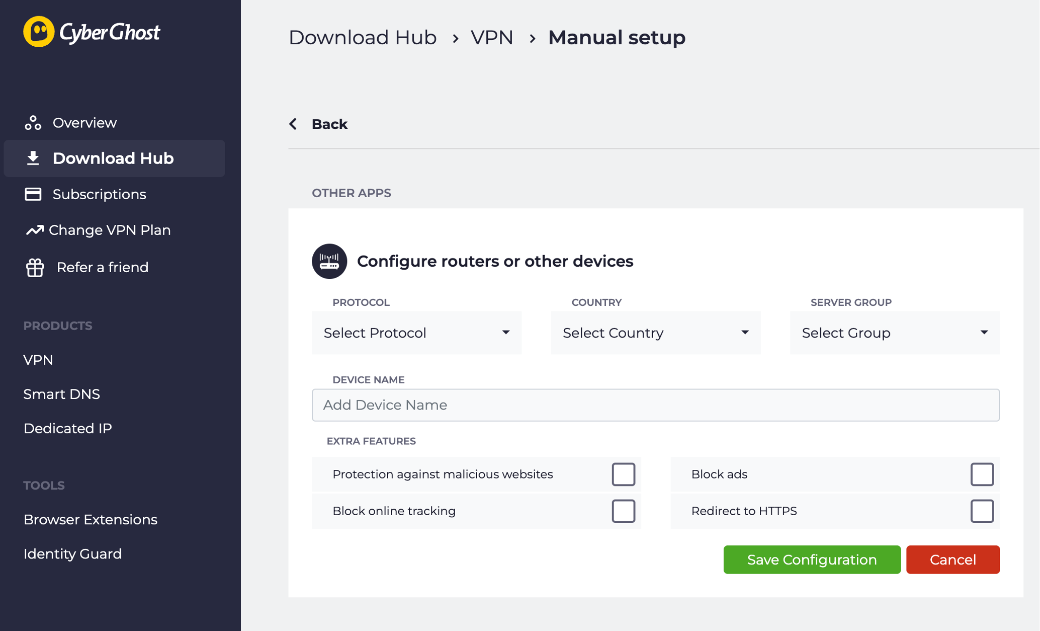 Page de configuration manuelle de CyberGhost VPN pour créer une nouvelle configuration OpenVPN.
