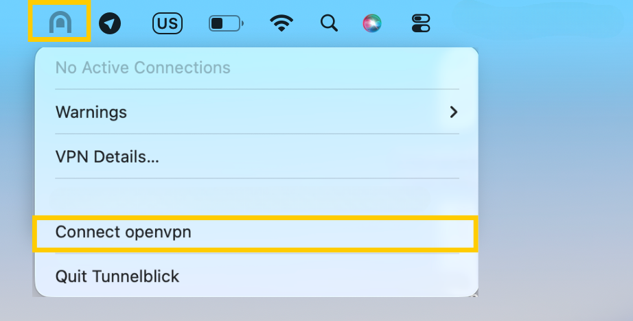 Das Tunnelblick-Symbol in der Menüleiste unter macOS, wobei die Option „Mit OpenVPN verbinden“ hervorgehoben ist.