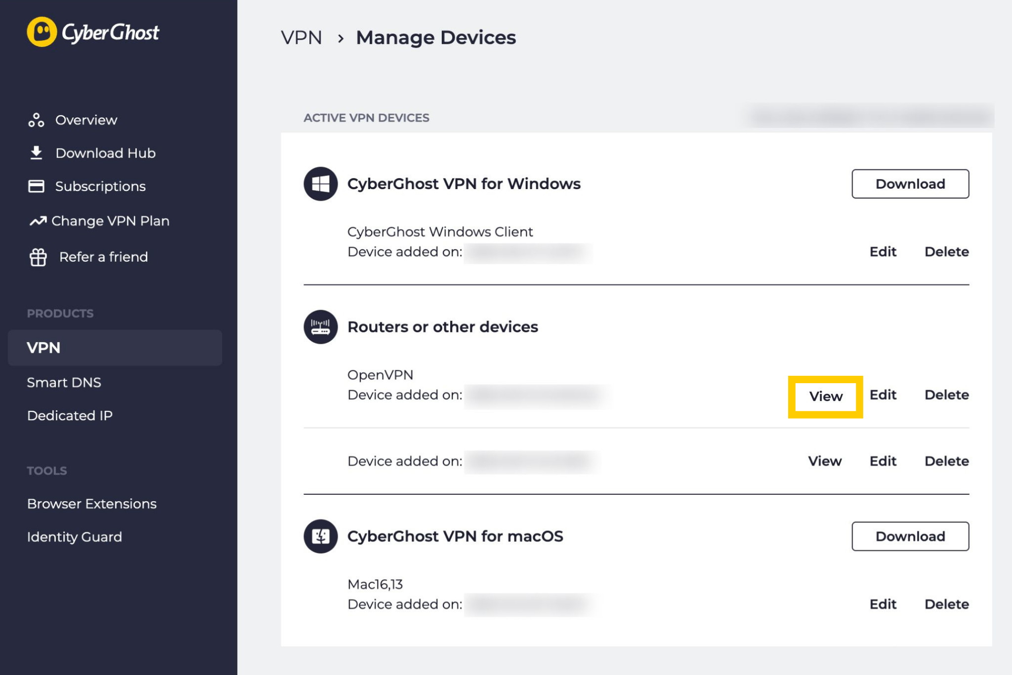 Der Tab „Geräte verwalten“ im Dashboard von CyberGhost VPN, mit der hervorgehobenen Schaltfläche „Anzeigen“ neben einer der manuellen Konfigurationen.