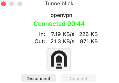 Das Statusfenster von Tunnelblick, das den VPN-Verbindungsstatus und die Datenübertragungsstatistiken anzeigt.