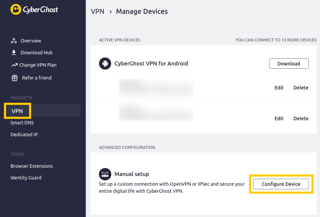 Interface de CyberGhost avec les options VPN et Configurer l'appareil en évidence.