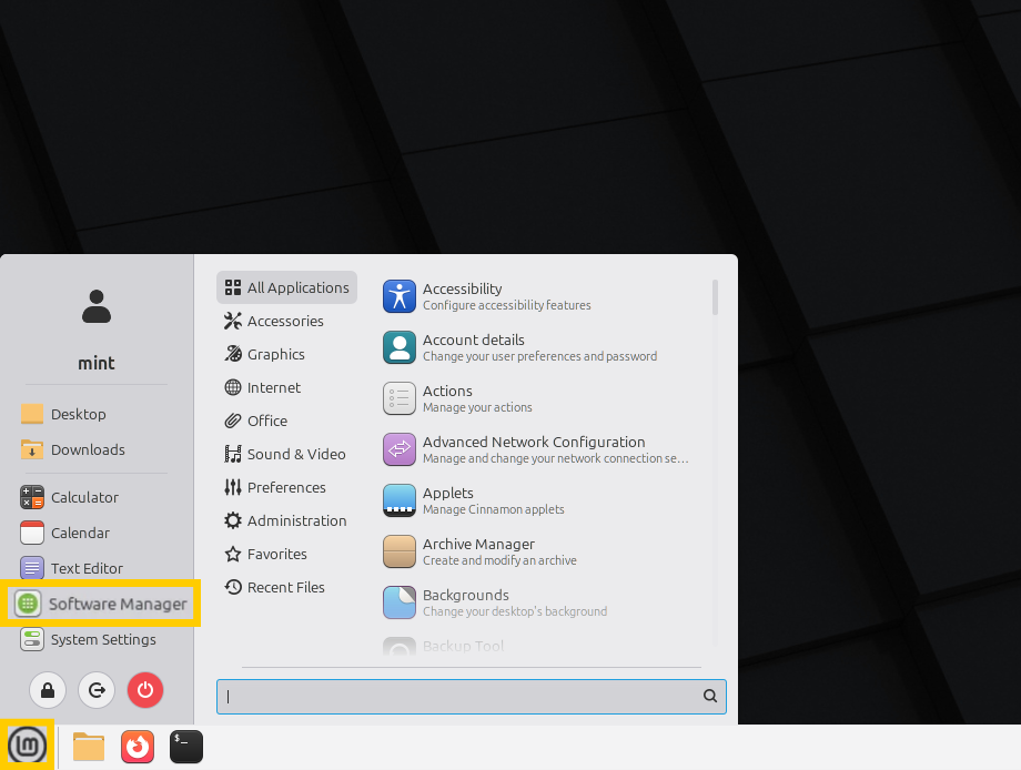 Linux Mint avec l'icône du menu et l'option Gestionnaire de logiciels en évidence.