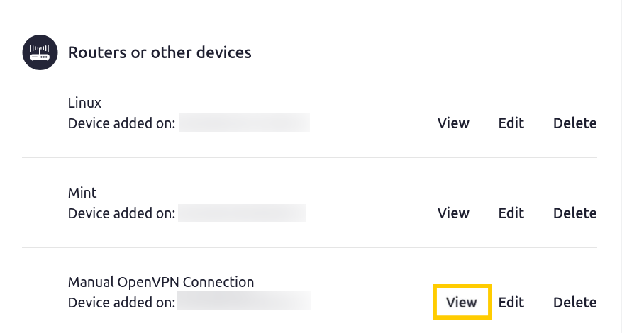 Configuration d’appareil sur CyberGhost avec l'option Voir à côté d'une configuration, mise en évidence.