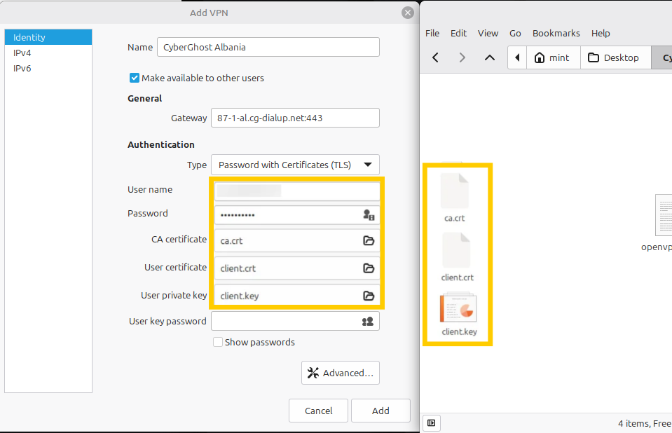 Fenêtre Ajouter un VPN de Linux Mint affichant les paramètres à configurer et les fichiers de configuration.