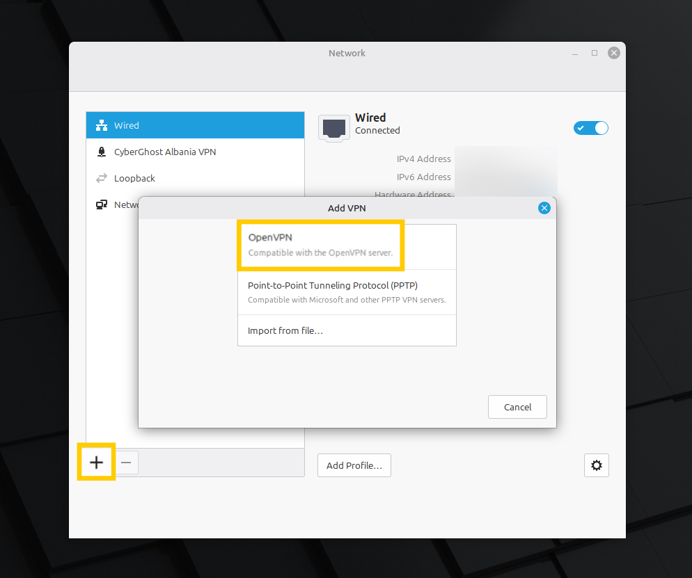 Fenêtre Ajouter un VPN de Linux Mint avec l'option OpenVPN en évidence.