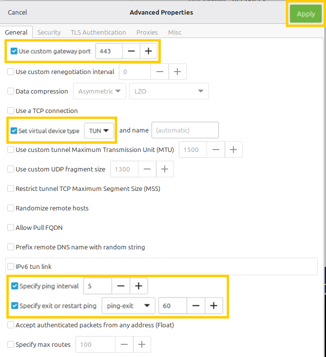 Configuration du VPN sous Linux Mint dans le Gestionnaire de réseau, avec les paramètres requis et le bouton Appliquer mis en évidence.