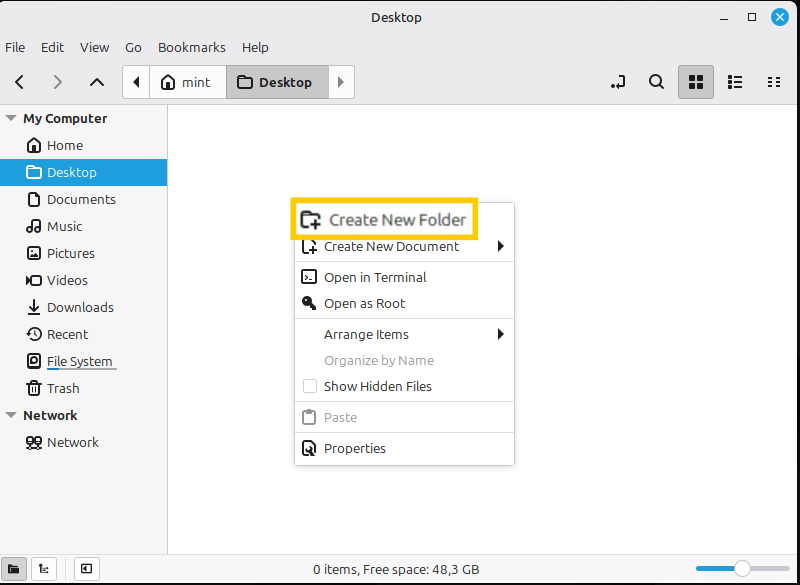 Der Dateimanager von Linux Mint, in dem das Menü angezeigt wird und die Option „Neuen Ordner erstellen“ hervorgehoben ist.
